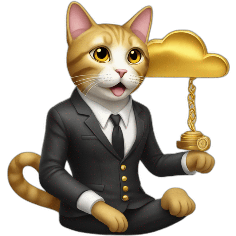 cat secretary sitting on top of the gold cloud emoji