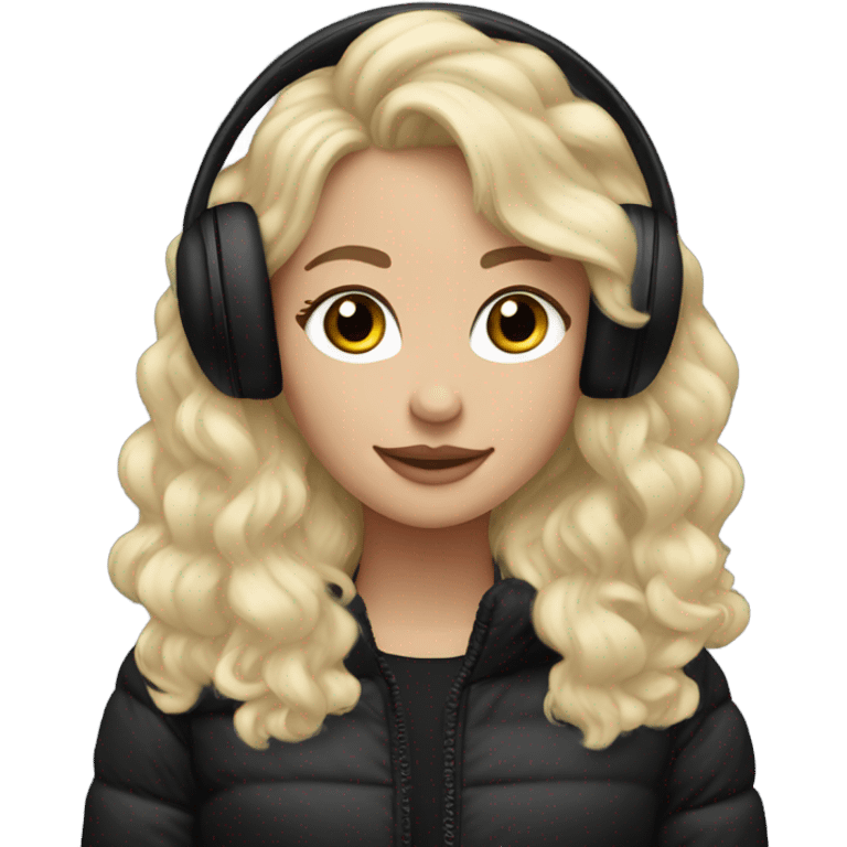 Pretty blonde long wavy hair, wearing puffy black jacket and fluffy black earmuffs  emoji