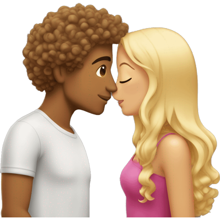 Tanned curly hair man kisses a blonde girl with straight hair  emoji