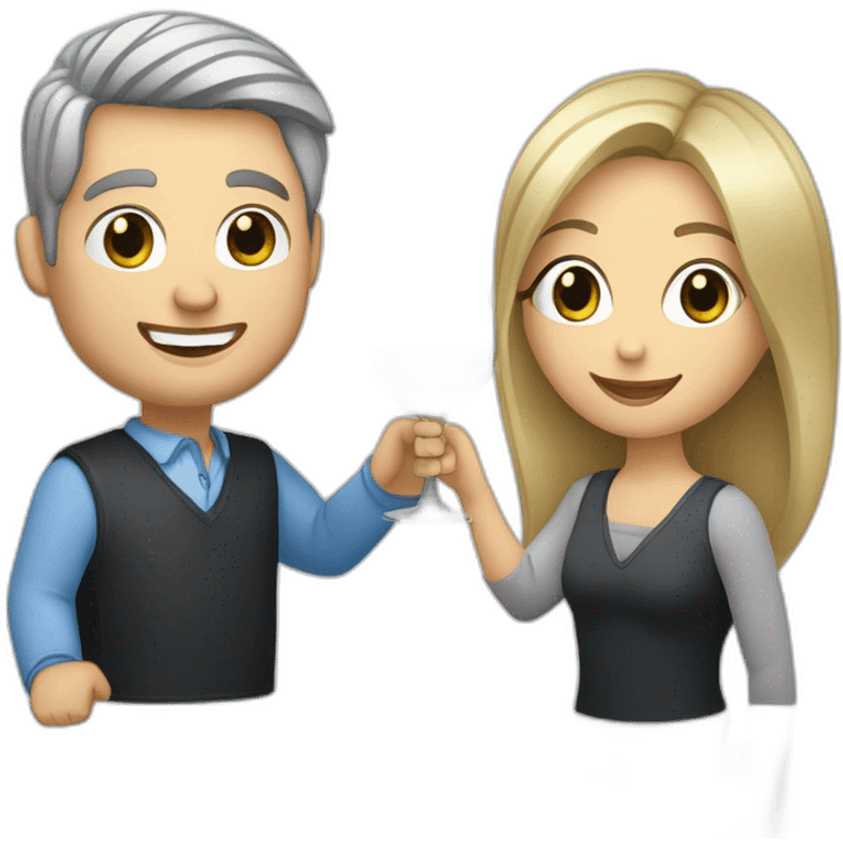 caucasian woman with brown eyes and blond medium long hair and a caucasian man with blue eyes and grey hair, toasting with a glass of white wine emoji