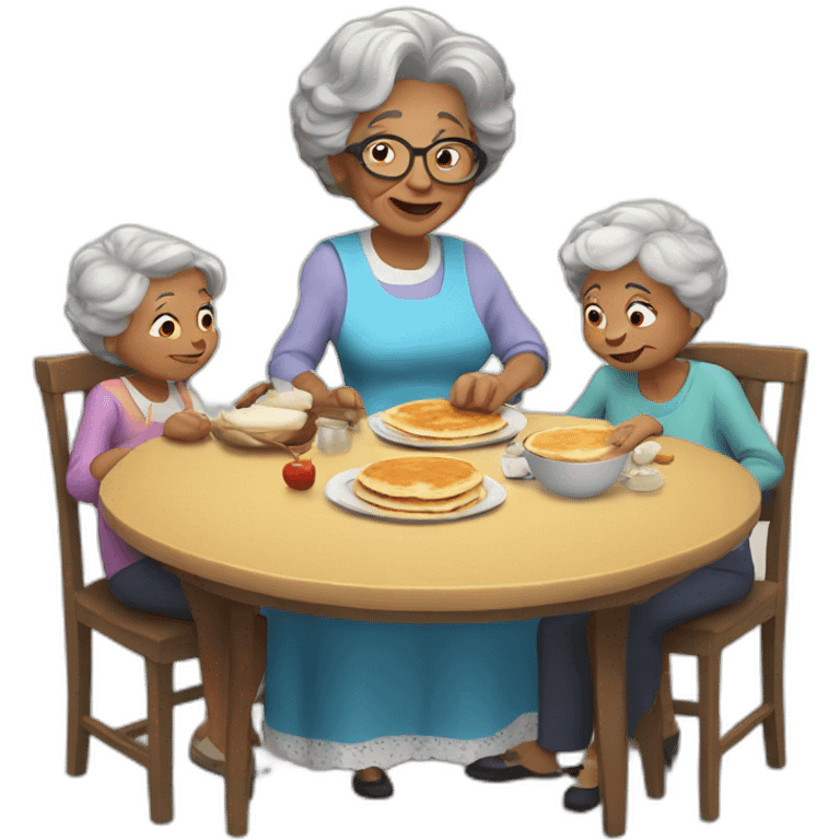 Granny with family in the table eat pancakes emoji