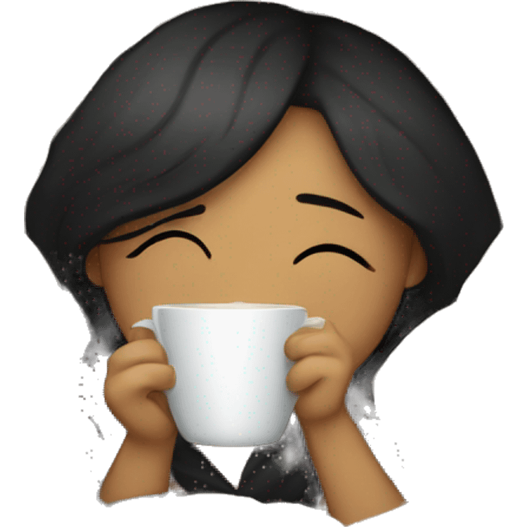 girl inside a blanket with black hair sipping coffee eyes closed emoji