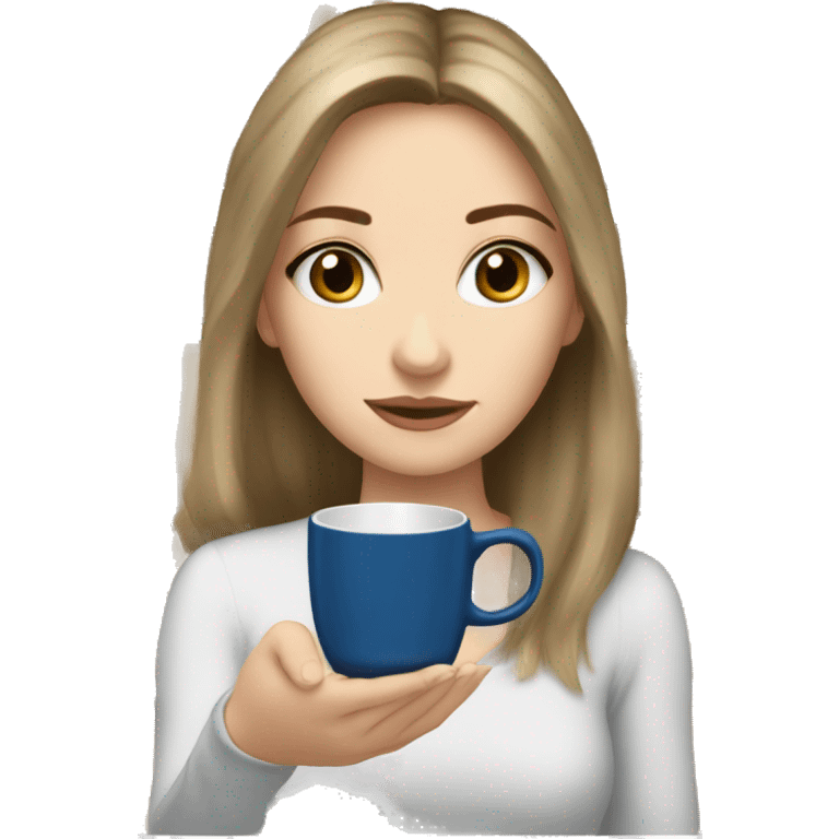 stack of beige books, Russian white girl, brown middle hair, blue eyes, table, coffee emoji