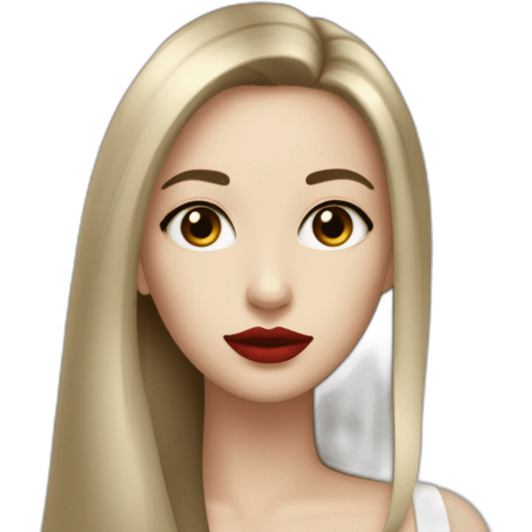 straight long hair,red lipstick,black eyes, white skin and a small nose emoji