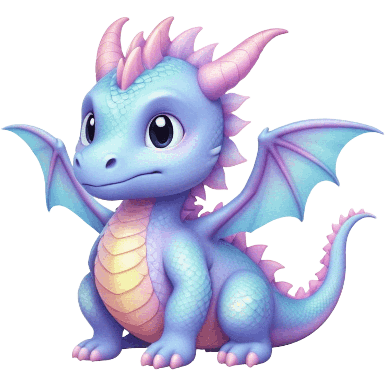 Cinematic fluffy pastel dragon, tiny round wings, chubby feet, sparkling gentle eyes, delicate glowing scales, soft colors blending magically, enchanting and whimsical. emoji