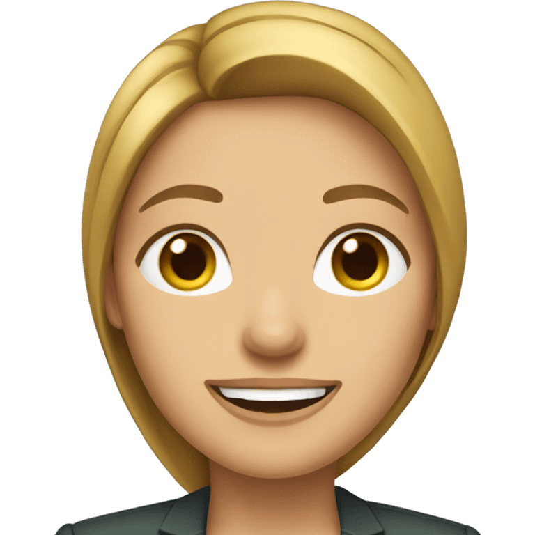 executive woman running, long straight golden brown hair, green eyes, business suit emoji