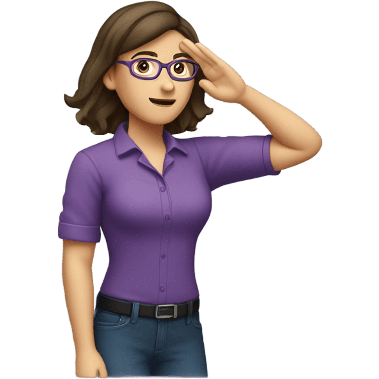 a caucasian brunette female, wearing a purple shirt and glasses, making the military salute gesture with her hand next to her head emoji