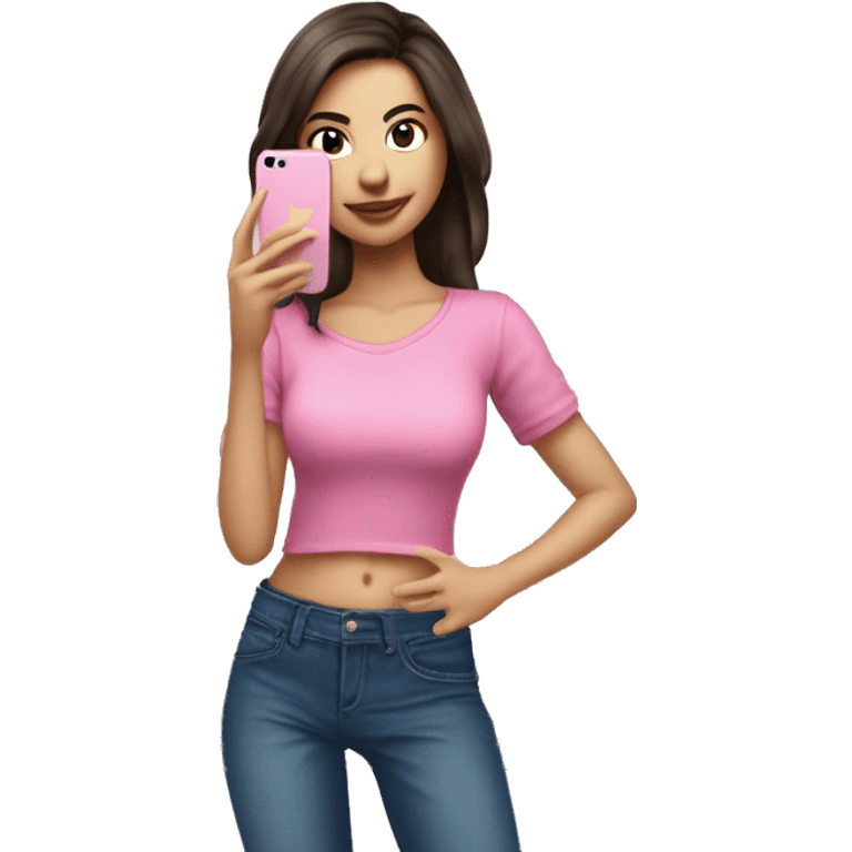 Brunet woman  in pink shirt and blue jeans take a photo in mirror by iPhone 16 emoji