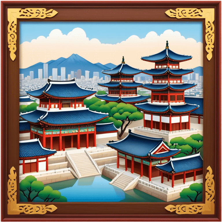 Cinematic Realistic Gyeongbokgung Palace Landmark Emoji, rendered with traditional Korean architecture, ornate wooden carvings, and vibrant colors, set against the backdrop of modern Seoul with soft evening light. emoji