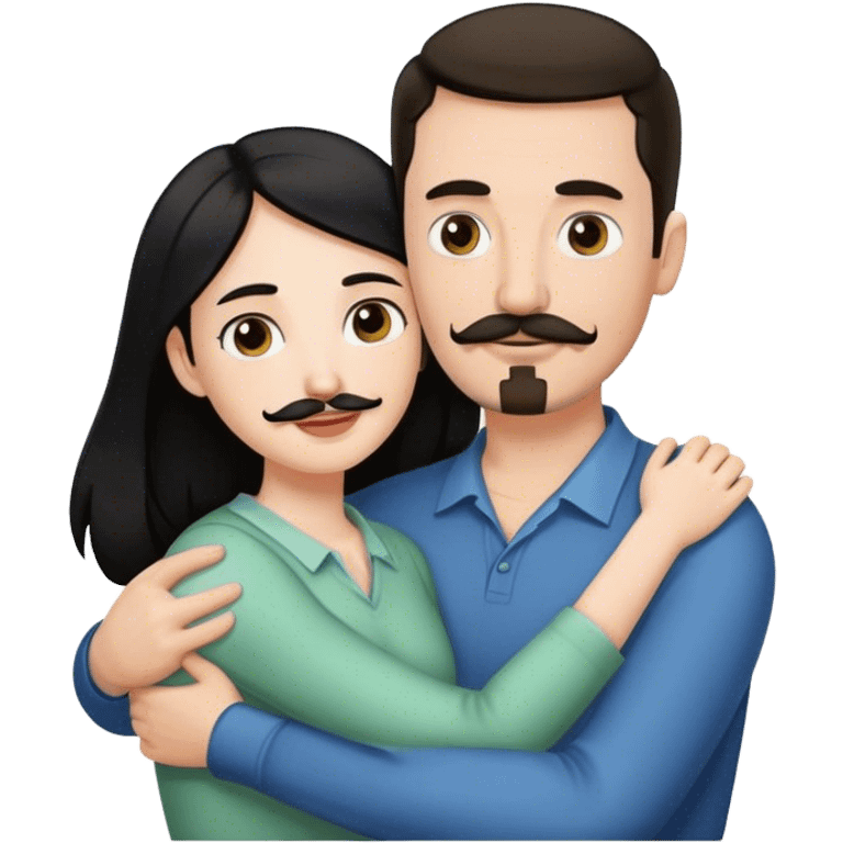 Tall white man with thin dark brown hair mustache and goatee hugging a short pale woman with long black hair emoji