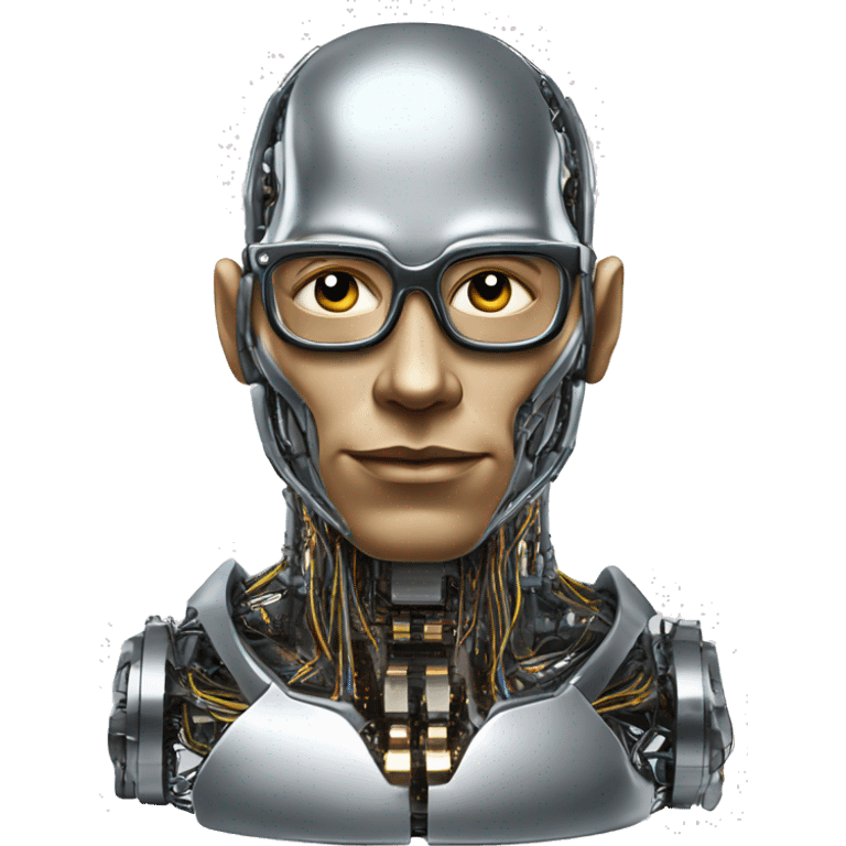 Male cyborg head with metallic plated face, flat top, glasses and circuits emoji