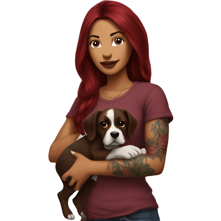 Beautiful tattooed  burgundy long haired woman holding a boxer puppy emoji