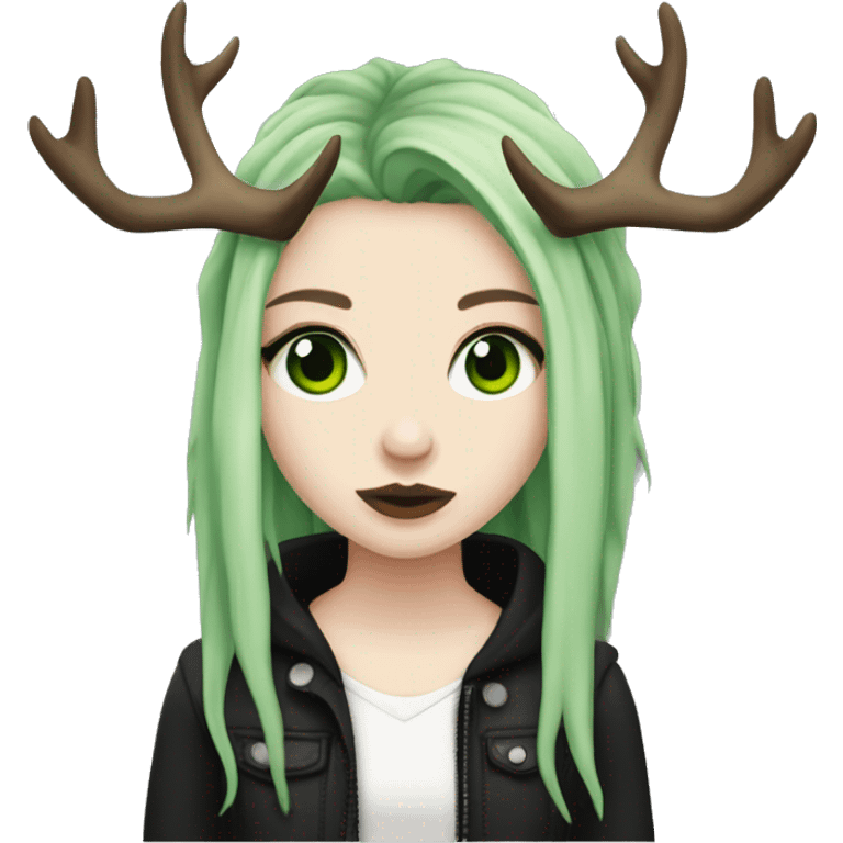 Girl with pale skin, green eyes, black dreadlocks, eyeliner, deer antlers, punk, grunge emoji