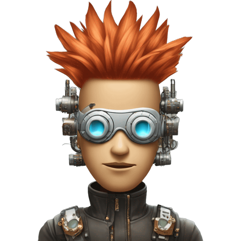 Light red Mohawk hair male cyborg head with white steampunk goggles and circuits emoji