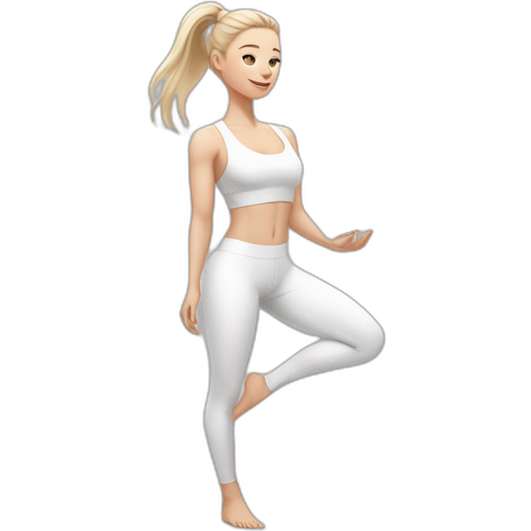 Pale skinned fit woman In a white tight yoga suit With ash blonde hair in a ponytail and gray eyes doing yoga emoji