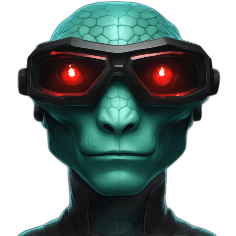 Aquamarine Reptilian with red lasers from the eyes in black suite in a black space emoji