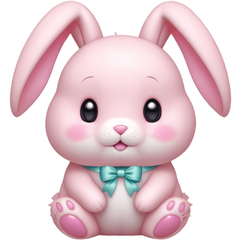 Cinematic adorable pastel pink bunny, chubby cheeks, tiny paws, sparkling round eyes, soft fur with a gentle glow, slightly tilted head, wearing a tiny bow, irresistibly cute and heartwarming. emoji