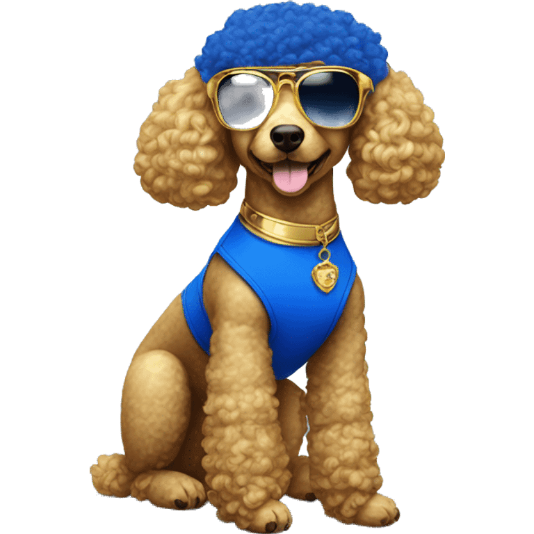 Royal Blue and gold poodle wearing big royal blue and gold sunglasses  emoji