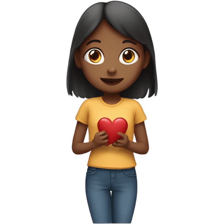 A girl holding a heart emoji