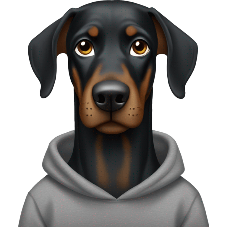 positive black Doberman with brown spots in a gray sweatshirt and wearing glasses with black frames emoji