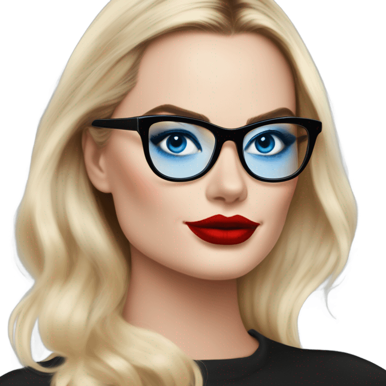 Real Margot Robbie, bright blue eyes and winged eye liner, red kisses, wearing black glasses  emoji