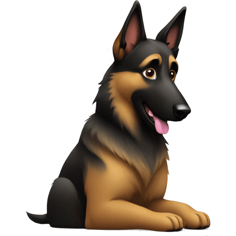 belgian shepherd coding on a mac with his paws emoji