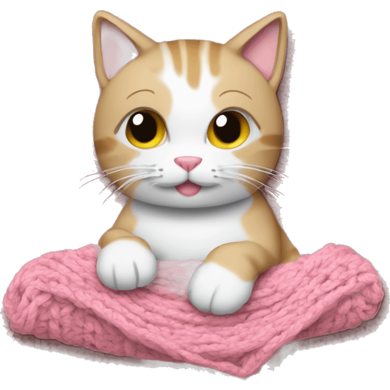 a tan and white cat crocheting a pink blanket  emoji