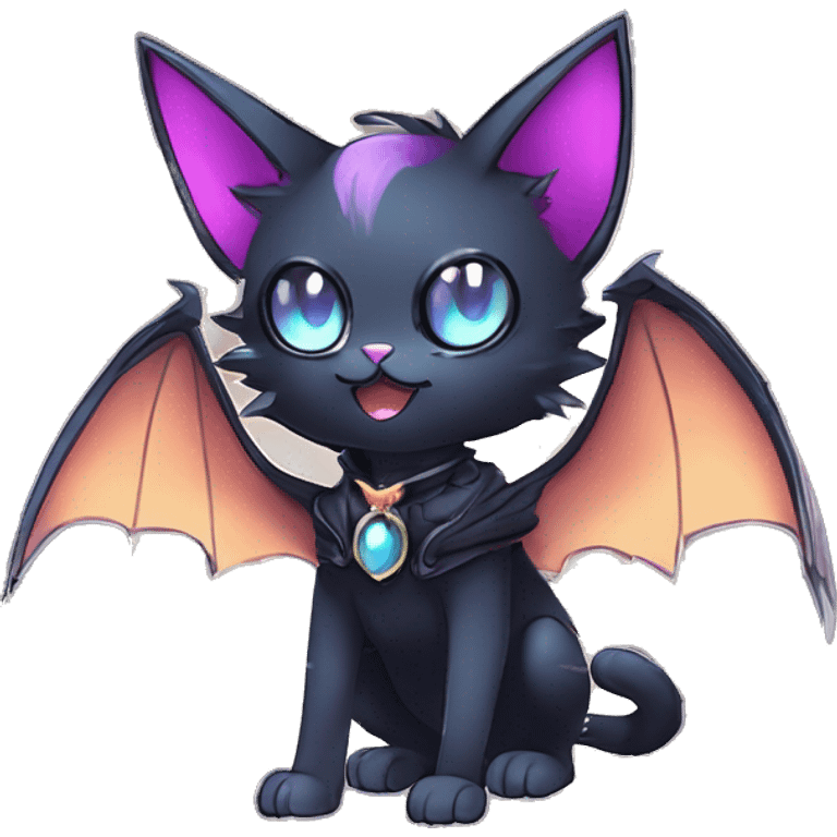   cool edgy beautiful anime-style ethereal dark-punk-themed animal vampiric cat-hybrid Fakemon with fangs and bat-wing-ears with a collar full body emoji