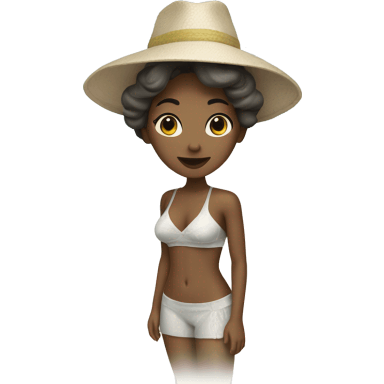 A beach scene featuring a woman in a semi-transparent, fashion-forward outfit suitable for the environment. emoji