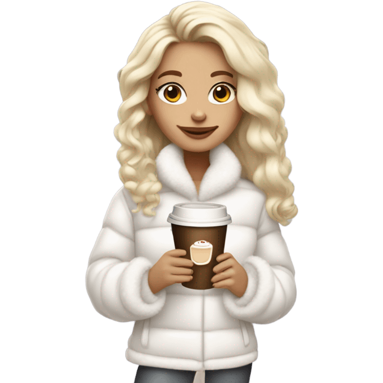 blonde girl wearing white fluffy jacket and a coffee to go in hand all dress white and a white bow on hair emoji