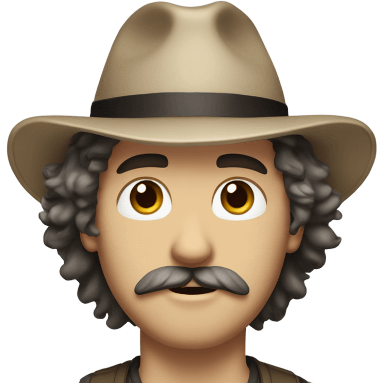 White guy with medium length shaggy hair and a hat. Brown eyes and a classic mustache no beard. Black hair emoji