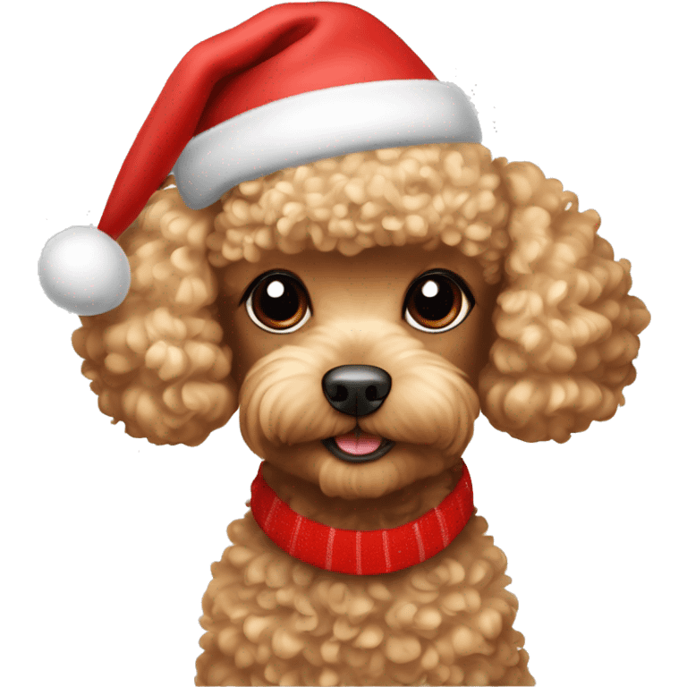 Toy poodle in blondish aprekott wearing a Christmas hat emoji