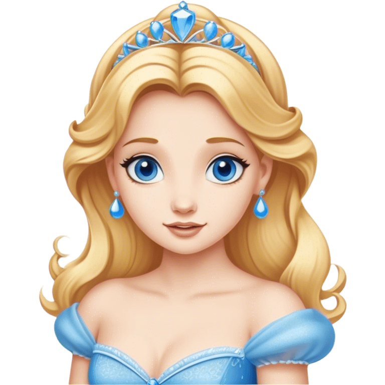 Cinematic Realistic Comical Cinderella Portrait, with every detail rendered realistically—from the soft, smooth texture of her fair skin to her artfully styled golden-blonde hair. Her bright blue eyes are wide with playful disbelief, and her expression carries a touch of whimsical humor while retaining elegant poise. Her classic ball gown, detailed with rich fabric textures and natural shadows, catches the light in a way that blends refined beauty with a hint of cheeky mischief, creating a striking, lifelike portrayal. emoji