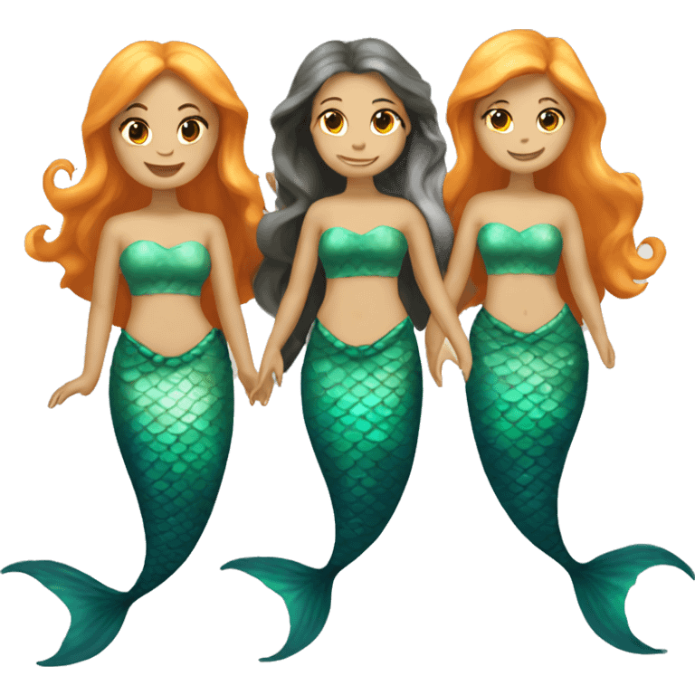 three mermaids (one with blonde hair, two brunette) (orange tails) emoji