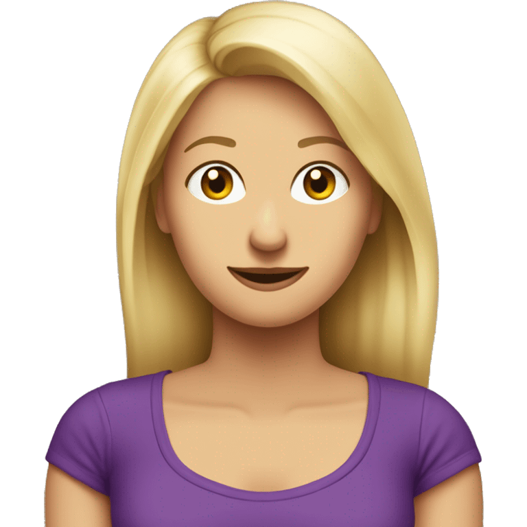 Mujer rubia de pelo lacio raya a un costado, de 37 años, con remera violeta, que legusta la economía y el sistema financiero, se hace una pregunta emoji