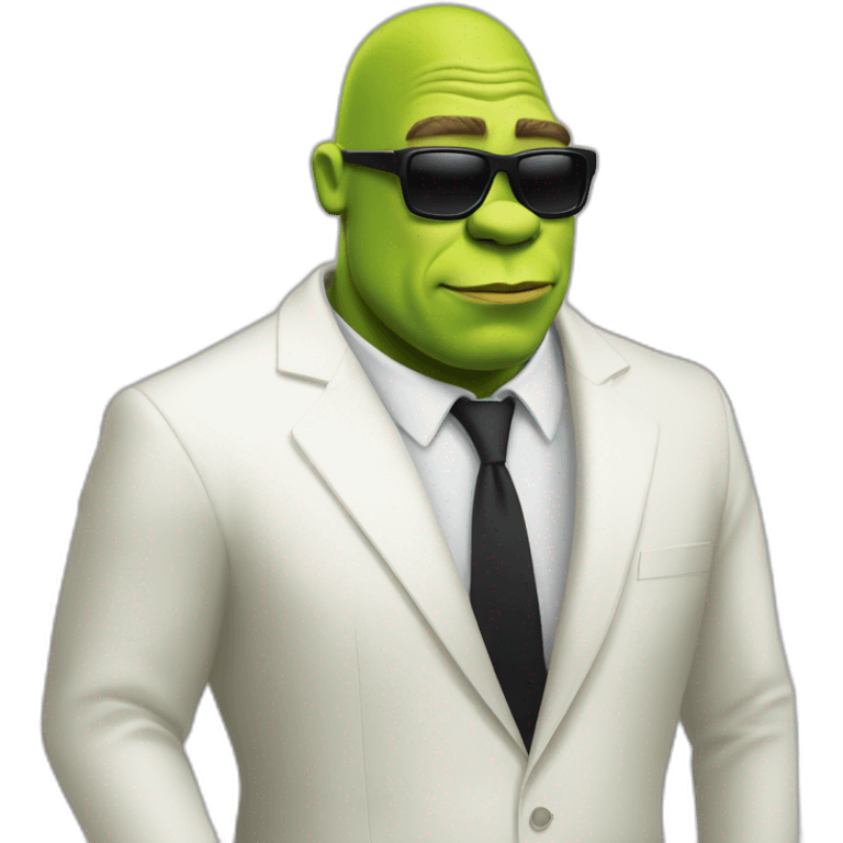 shrek kissing with white-guy-wearing-suit-with-short blonde-hair-and-black-sunglasses emoji