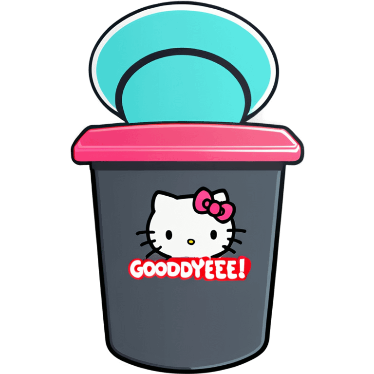 A trash bin that says GOODBYEEEE with hello Kitty in it emoji