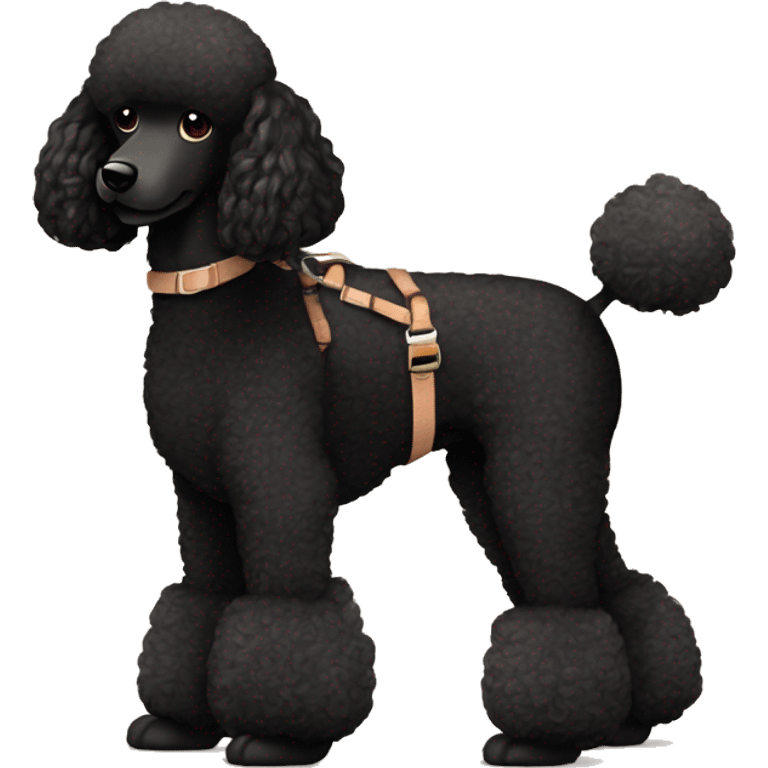 3 legs One Small unshaved Black Poodle with brown harness is walking with a pretty girl emoji