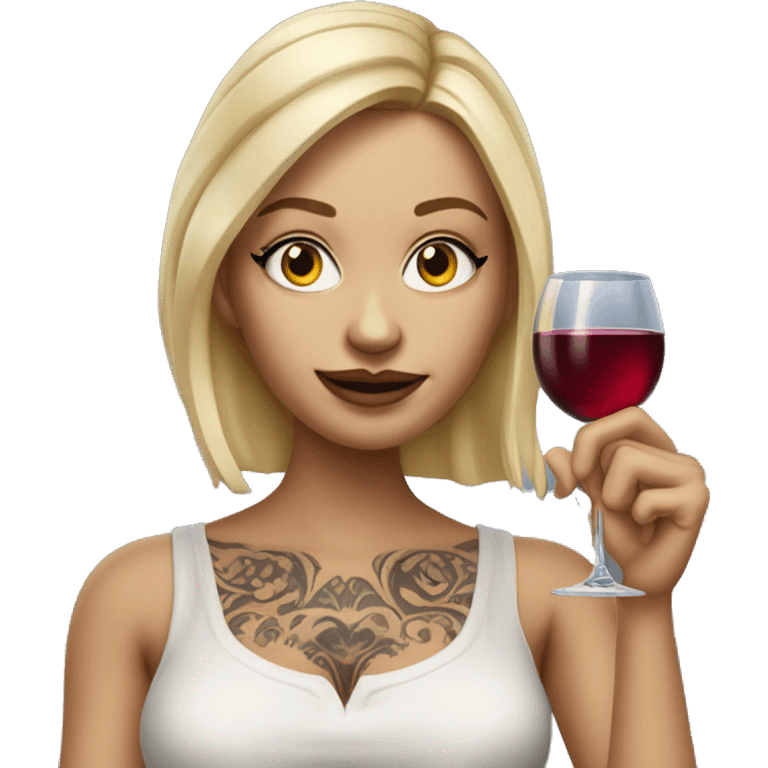 Create a hyper-realistic emoji of a blonde woman with elegant features. She has a body covered in tattoos, holding a glass of wine in one hand, while pointing forward with her other hand. emoji