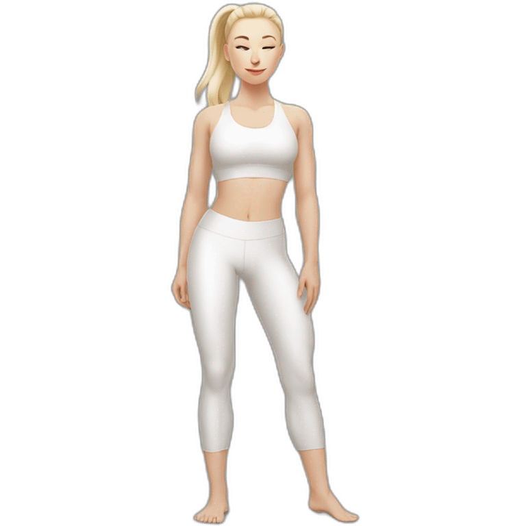 Pale skinned fit woman In a white tight yoga suit With ash blonde hair in a ponytail and gray eyes doing yoga emoji