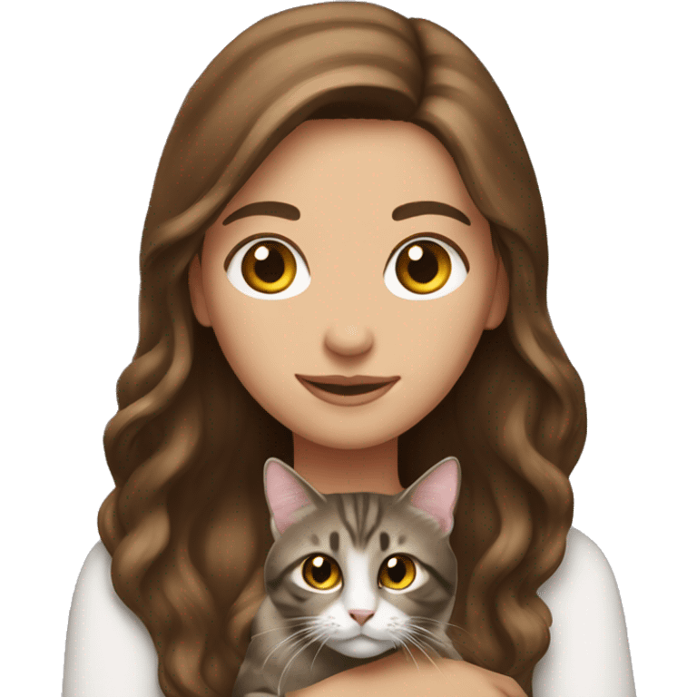 long-haired brunette with a tabby cat in her hands emoji