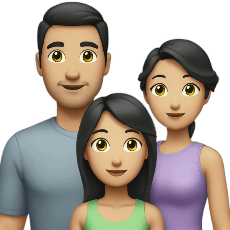 A family with a man having black hair and Asian black eyes, and a woman with blonde hair and green eyes, and a daughter with brown hair. emoji