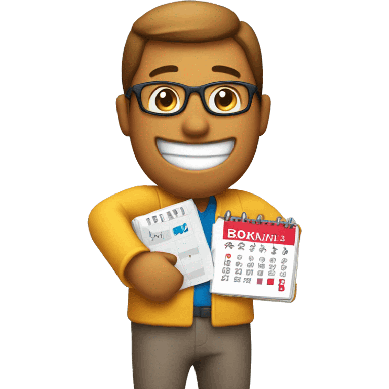 A fun character with booking elements - a person holding a calendar or a “check mark” icon indicating a successful booking. emoji