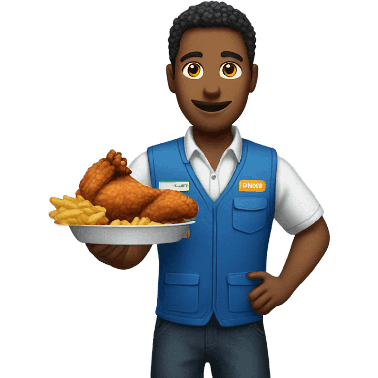 Amazon worker blue vest eating fried chicken emoji