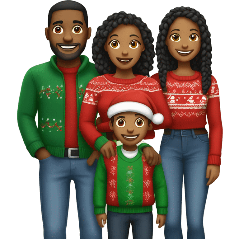 Black family of four members with Dad, Mom, Son, and Daughter. The Son and Daughter are teenagers. The Mom has braids. The Dad is light skinned.All family members are wearing Christmas sweaters and Santa hats.  emoji