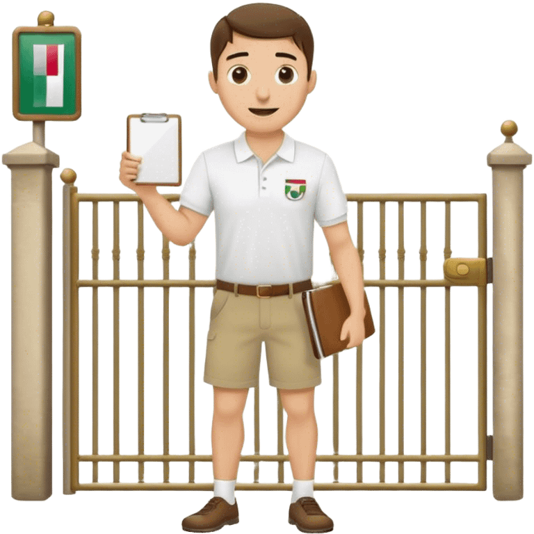 Pool attendant. white polo shirt. khaki shorts. waving. standing next to gate. mexican. holding clipboard emoji