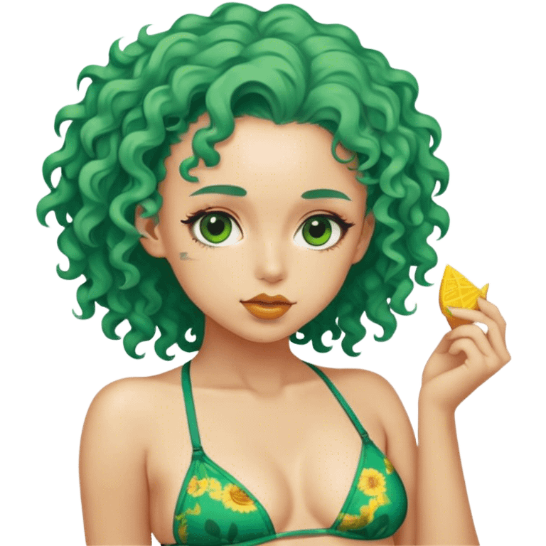 Gere um eoji de uma menina de cabelo cacheado verde e com biquini do van gogh emoji