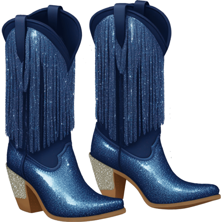 Realistic navy blue fashion cowgirl boots with sparkly shiny glitter fringe on them. emoji