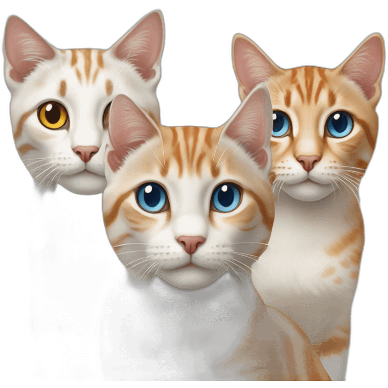 three cats, 1 lynx point with blue eyes, 1 orange and white tabby with yellow eyes, 1 all orange with orange eyes emoji