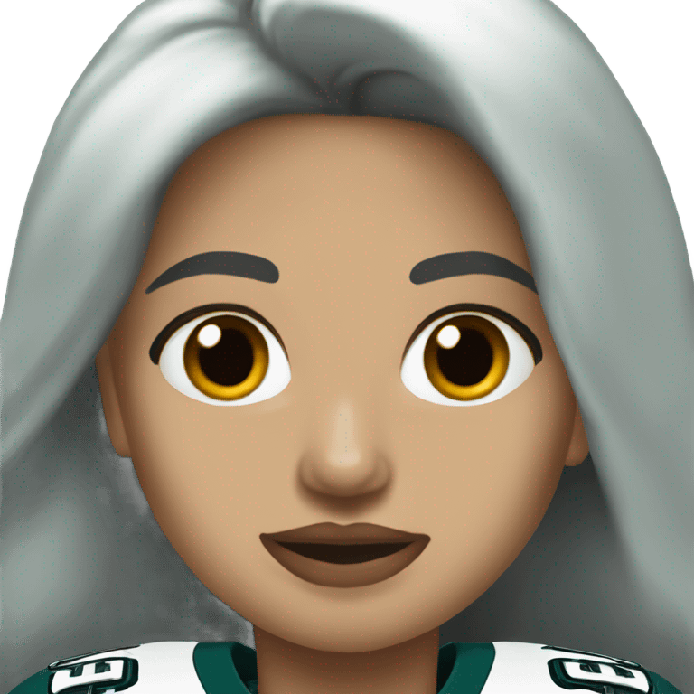 White female long dark hair red lips wearing Philadelphia Eagles jersey emoji